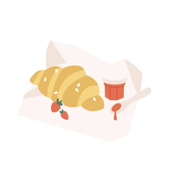 病媒用果酱和越橘来说明法国传统的羊角面包 好吃的午餐 — 图库矢量图片