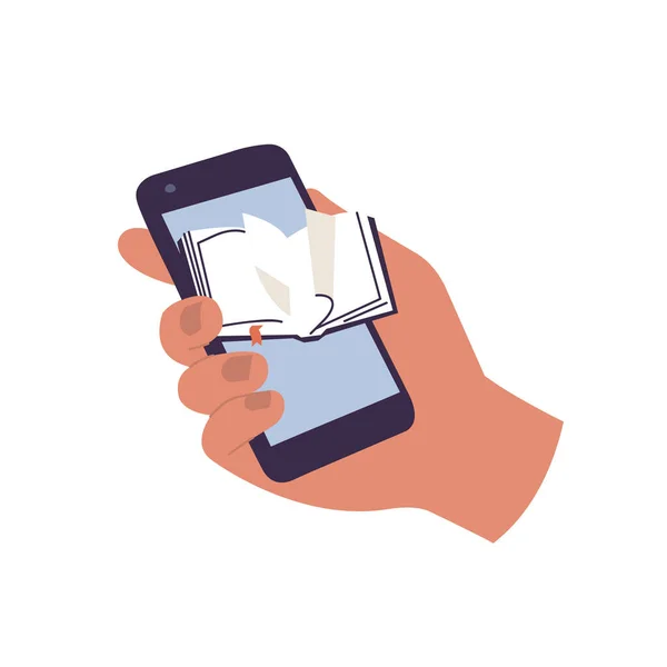 Векторная Иллюстрация Человеческая Рука Держит Телефон Открытой Книгой Экране Концепция — стоковый вектор
