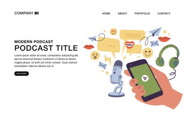 Podcast kayıt ve dinleme, yayın, çevrimiçi radyo, cep telefonu ile ses yayınlama hizmeti kavramı için vektör illüstrasyonları landig sayfası