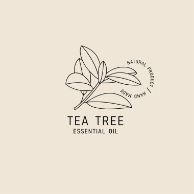 Vektör paketleme elementi ve doğrusal tarzda ikon - çay ağacı yağı - sağlıklı vegan yiyecekler. Logo işareti