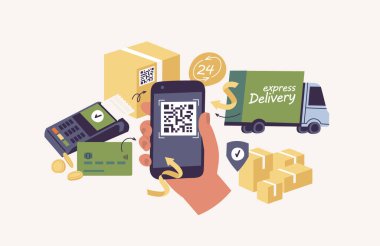 Vector Illustrations dağıtım konsepti, akıllı telefondan paketinizin çevrimiçi durumunu kontrol etmek. Teslimat servisi