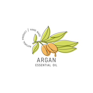 Vektör paketleme elementi ve doğrusal tarzda simge - Argan yağı - sağlıklı vejetaryen yiyecekler. Logo işareti