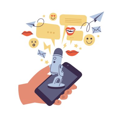 Podcast kayıt ve dinleme, yayın, çevrimiçi radyo, cep telefonlu ses yayınlama hizmeti konsepti