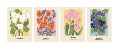 Vector illustration set of botanical posters different flowers. Art for for postcards, wall art, banner, background clipart