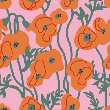 Haşhaş çiçekli vektör çizimi. Çiçek çelengi. Kusursuz desen. Kozmetik paketleme için çiçek arkaplanı