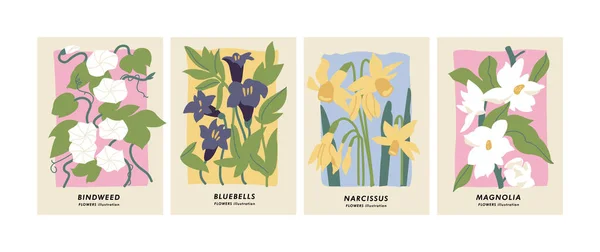 Vektorillustrationen Set Von Botanischen Plakaten Verschiedene Blumen Kunst Für Postkarten — Stockvektor