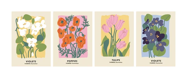 Vector Illustration Set Botanical Posters Different Flowers Art Postcards Wall —  Vetores de Stock