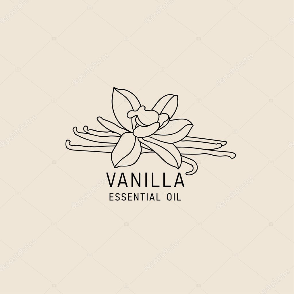 Vector packaging design element and icon in linear style - vanilla oil - healthy vegan food. Logo sign