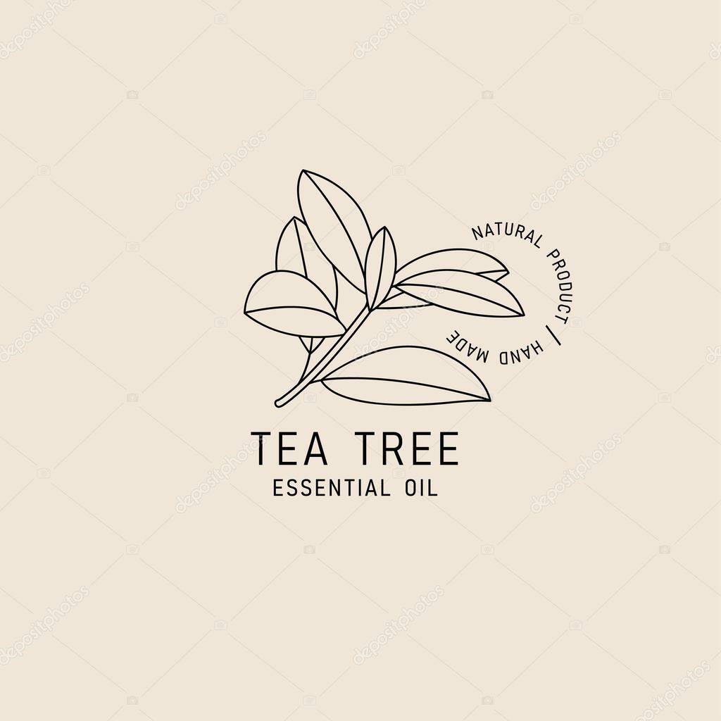 Vector packaging design element and icon in linear style - tea tree oil - healthy vegan food. Logo sign