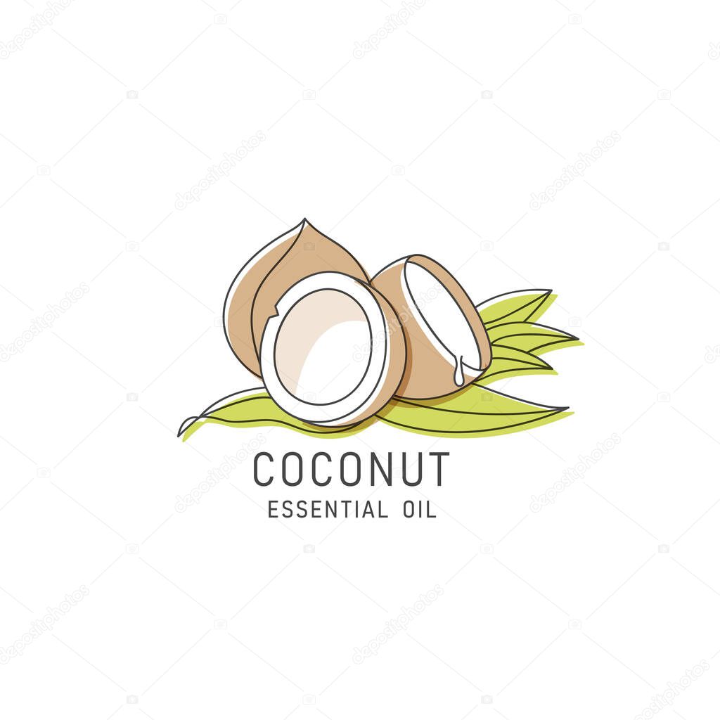Vector packaging design element and icon in linear style - coconut oil - healthy vegan food. Logo sign
