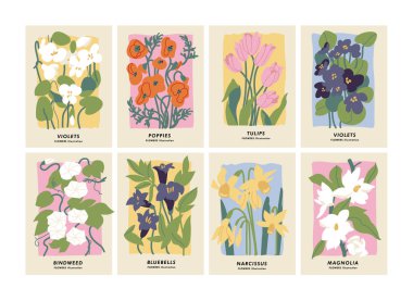 Vector illustration set of botanical posters different flowers. Art for for postcards, wall art, banner, background