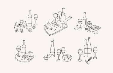 Vektör modayı ve doğrusal tarzdaki simgeler - şarap setleri, bardaklar ve peynir ve meyveli tabaklar