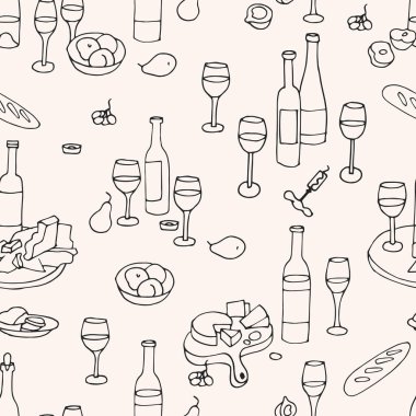 Doğrusal tarzdaki simgelerle vektörsüz desen - şarap setleri şarap şişeleri, bardaklar ve peynirli tabaklar ve meyveler