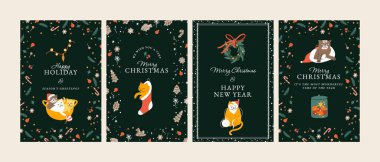 Noel tebrik kartı ya da parti davetiyesi için çizim vektör seti. Xmas dekorasyonları