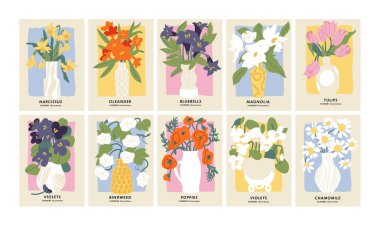 Vector illustration set of botanical posters different flowers. Art for for postcards, wall art, banner, background clipart