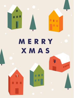 İskandinav evleri ve ağaçları olan vektör Noel tebrik kartı. Xmas arkaplanı