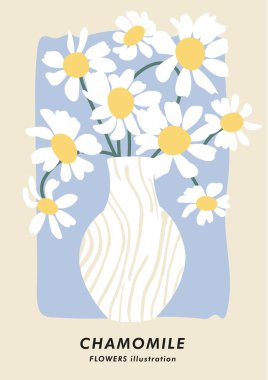 Papatya çiçekli vektör illüstrasyon botanik posteri. Kartpostallar için sanat, duvar sanatı, afiş, arka plan