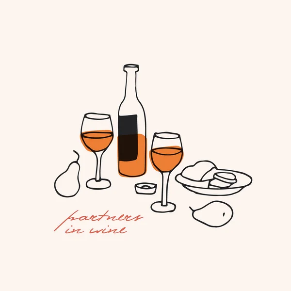 Vector Trendy Illustration Wine Set Bottle Wine Glasses Plates Cheese — Stock Vector