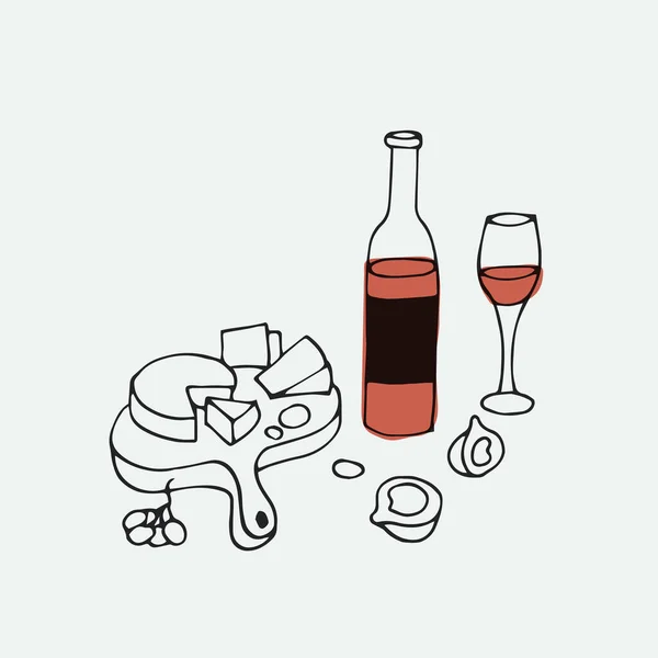 Vector Trendy Εικονογράφηση Κρασί Σετ Μπουκάλι Κρασί Ποτήρια Και Πιάτα — Διανυσματικό Αρχείο