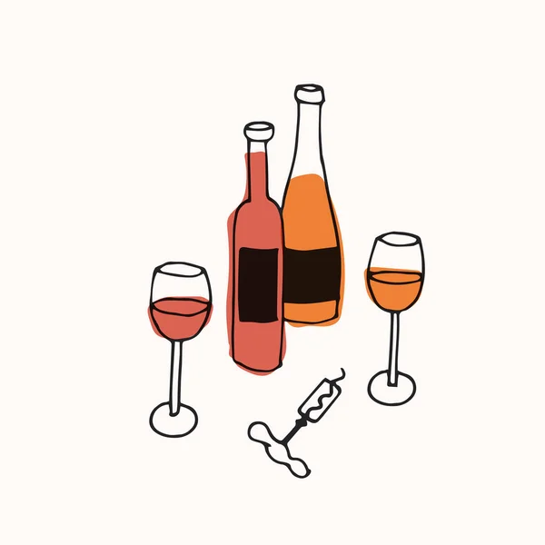 Ilustración Moda Vectorial Vino Con Botella Vino Copas Sacacorchos — Archivo Imágenes Vectoriales
