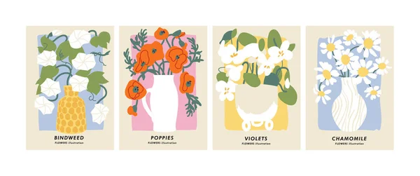 Vector Illustration Set Botanical Posters Different Flowers Art Postcards Wall — Vettoriale Stock