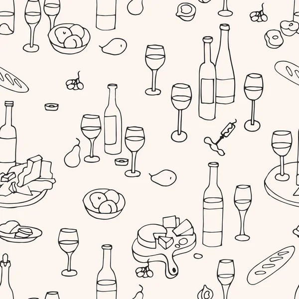 Vector Seamless Pattern Icons Linear Style Wine Sets Bottles Wine — Stock Vector