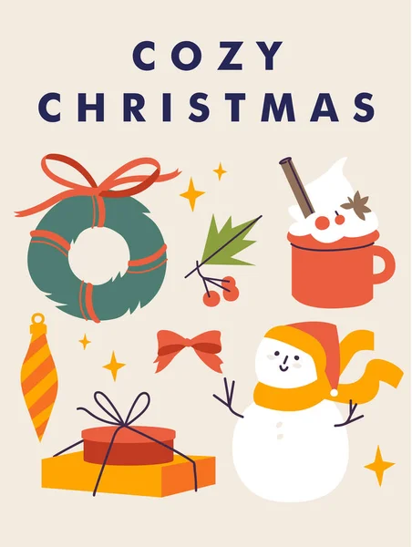 ベクタークリスマスグリーティングカードやパーティー招待ポスター 伝統的な装飾が施されたクリスマスの背景 — ストックベクタ