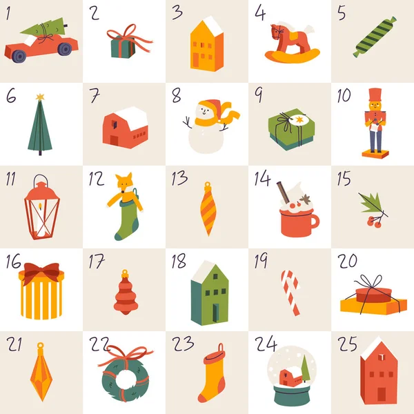 Vector Illustrations Christmas Advent Calendar Seasons Greetings Elements Gifts Pine — Stock Vector