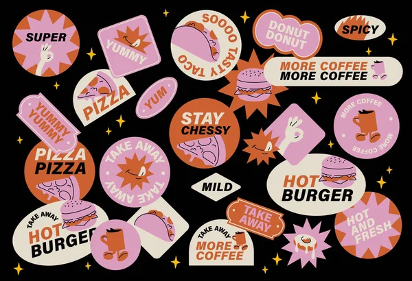 Conjunto Vetorial Adesivos Retro Fast Food Emblemas Coloridos Para Café —  Vetores de Stock