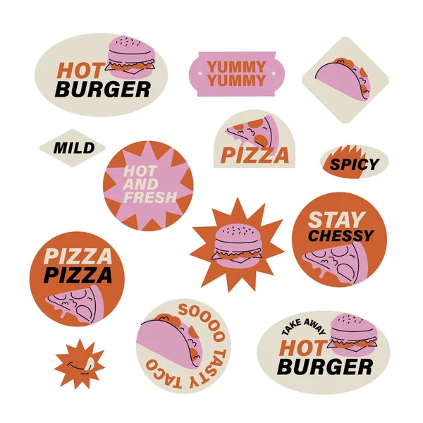 Conjunto Vetorial Adesivos Retro Fast Food Emblemas Coloridos Para Café — Vetor de Stock