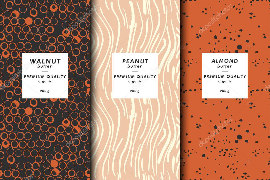 Vector illustration set of templates contemporary abstract cover and patterns for nuts butter packaging with labels. Minimal modern backgrounds