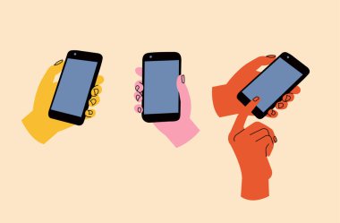 Vektör illüstrasyonu, beyaz bir arkaplanda akıllı telefon izolasyonları tutan insan ellerini ayarladı