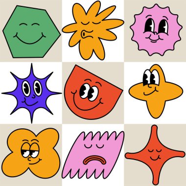 Geometrik soyut komik yüzler ve farklı duygular. İş dünyası avatarı için komik yüzler. Kusursuz desen