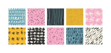 Vector illustration set of abstract backgrounds or seamless patterns. Contemporary minimal modern trendy doodle. Naive art.