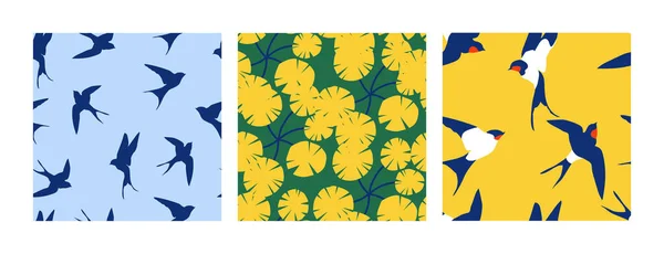 Векторный Набор Иллюстраций Летающими Ласточками Желтыми Цветами Одуванчиков Бесшовный Рисунок — стоковый вектор