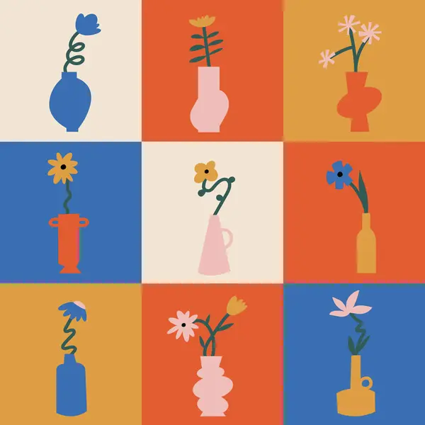 Векторный Набор Цветочных Плакатов Различными Цветами Вазами Искусство Печати Настенного — стоковый вектор