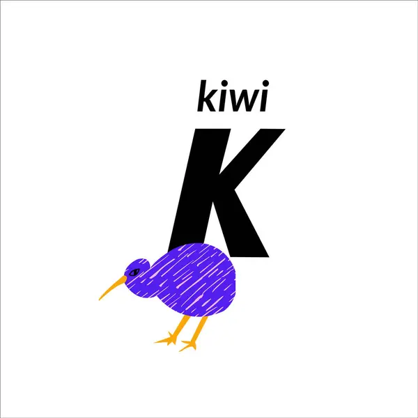 Vektorillustration Mit Kiwi Vogel Und Englischem Großbuchstaben Kindisches Alphabet Zum — Stockvektor
