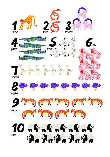 Cartaz Vetorial Impressão Com Desenhos Animados Animais Coloridos Números Crianças — Vetor de Stock