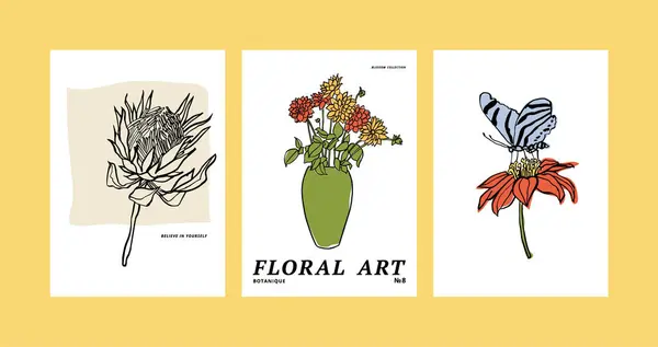 Conjunto Ilustración Vectorial Carteles Florales Tinta Con Diferentes Flores Jarrones — Archivo Imágenes Vectoriales