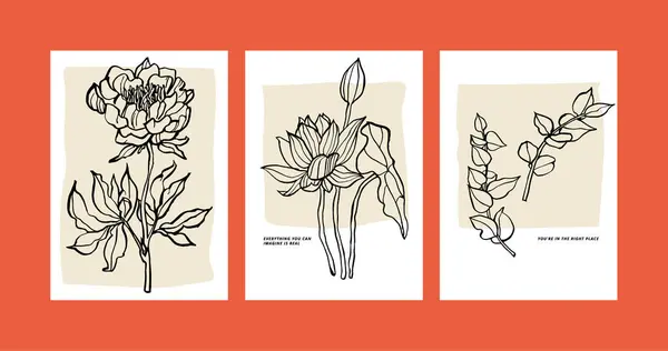 Vektor Illustration Sæt Blæk Blomster Plakater Med Forskellige Blomster Vaser – Stock-vektor