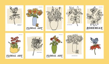 Değişik çiçek ve vazolara sahip mürekkep resimli posterler. Baskı, duvar sanatı, afiş ve arkaplan