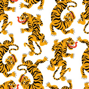 Yürüyen kaplan ve kaplan başlı vektör çizimi. Çizgi film karakteri. Kusursuz desen