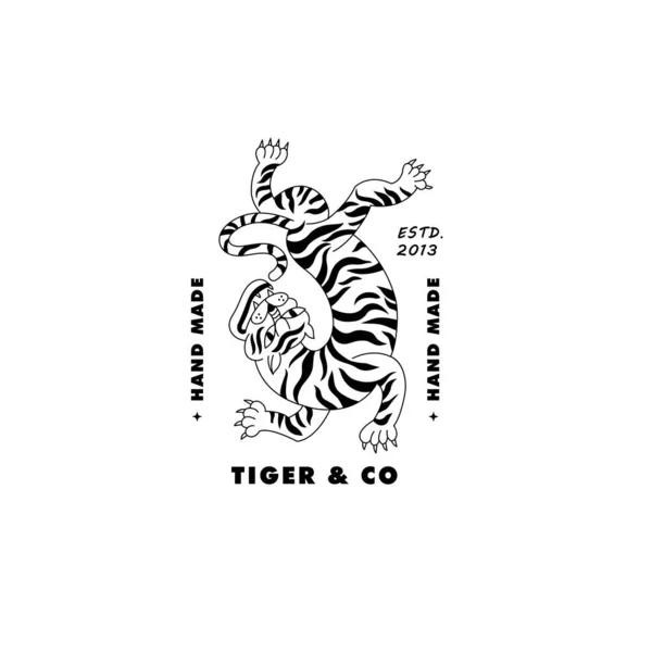 Wektorowe Liniowe Logo Chodzącym Tygrysem Głową Ilustracji Tygrysa Wzór Znaku — Wektor stockowy