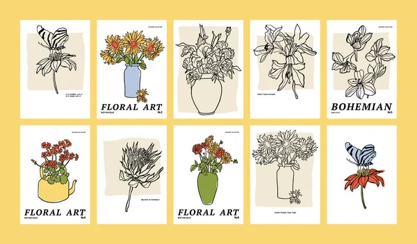 Vektor Illusztráció Készlet Tinta Virág Plakátok Különböző Virágok Vázák Művészet — Stock Vector