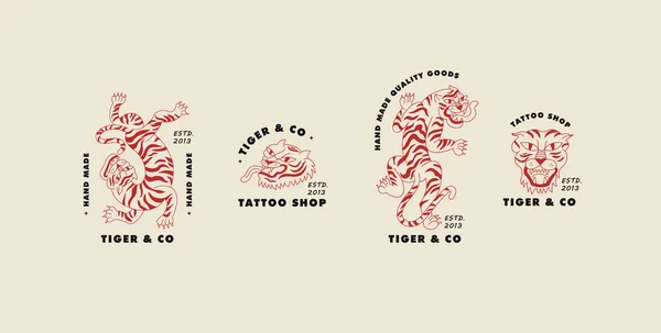 Conjunto Vetores Logotipos Lineares Com Tigre Ambulante Cabeça Ilustrações Tigre — Vetor de Stock