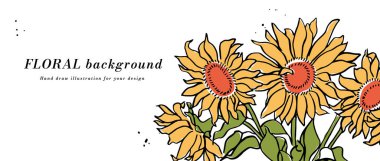 Sarı ayçiçekleri ve tipografi şablonlu vektör arkaplan veya afiş. Web duvar kağıdı. Botanik illüstrasyonlu doğrusal çiçek sanatı
