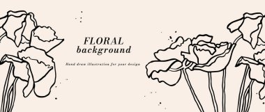 Haşhaş çiçekleri ve tipografi şablonlu vektör arkaplan veya afiş. Web duvar kağıdı. Botanik illüstrasyonlu doğrusal çiçek sanatı