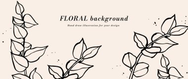 Mürekkep çizimi, okaliptüs dalları ve tipografi şablonlu vektör arkaplan veya afiş. Web duvar kağıdı. Botanik illüstrasyonlu doğrusal çiçek sanatı