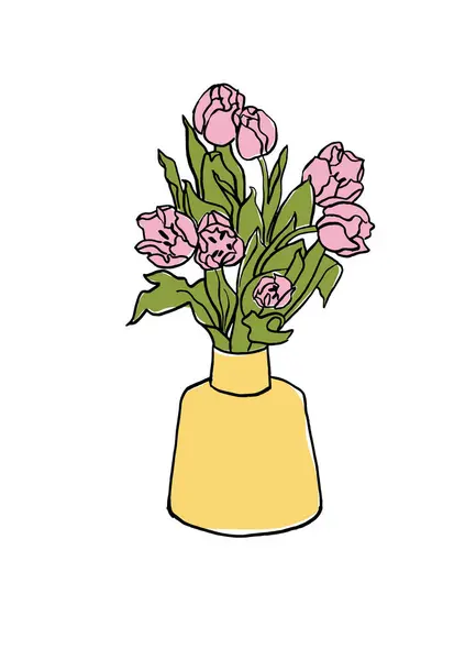Vektorová Ilustrace Barevný Náčrt Růžovými Tulipánovými Květy Vázou Umění Pro — Stockový vektor