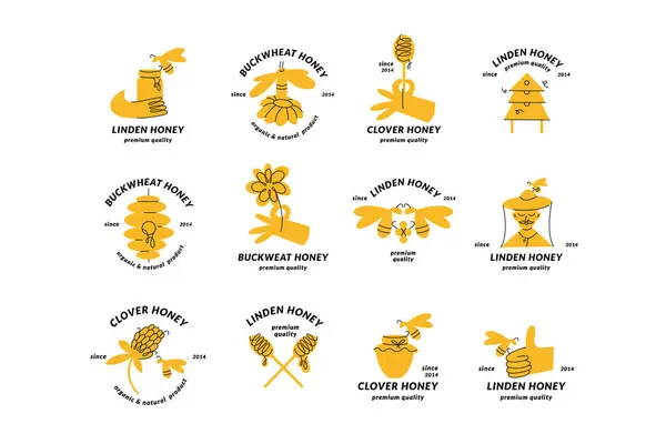 Vektör Çizim Logoları Tasarım Şablonları Veya Rozetleri Organik Ekolojik Bal — Stok Vektör